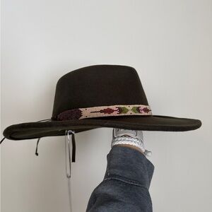 Nikki Beach “Two Feathers” Wide Brim Hat – Dark Green – Beaded Trim – NWT